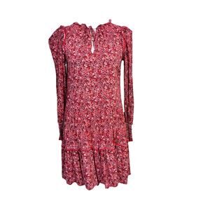 Max Studio Dress size Extra Small Red Black Floral Smocking Boho Peasant Prairie